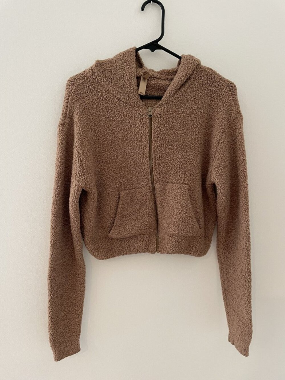 Skims cropped teddy fleece jacket with hood beige XXS/XS, full zip, front pocket